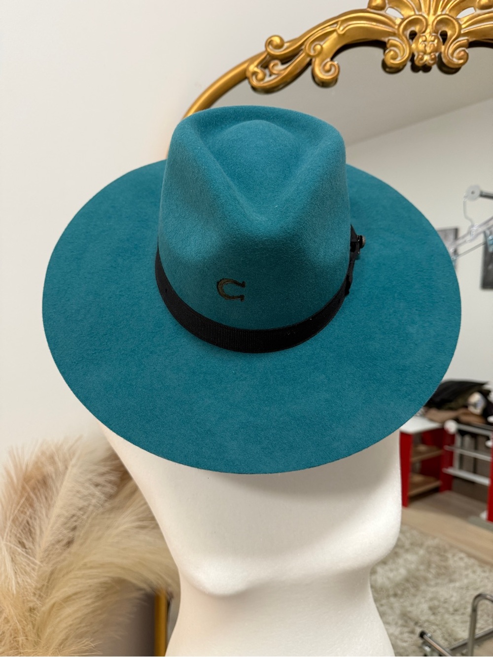 Charlie 1 Horse Teal Felt Wide Brim Fedora Hat with Black Band